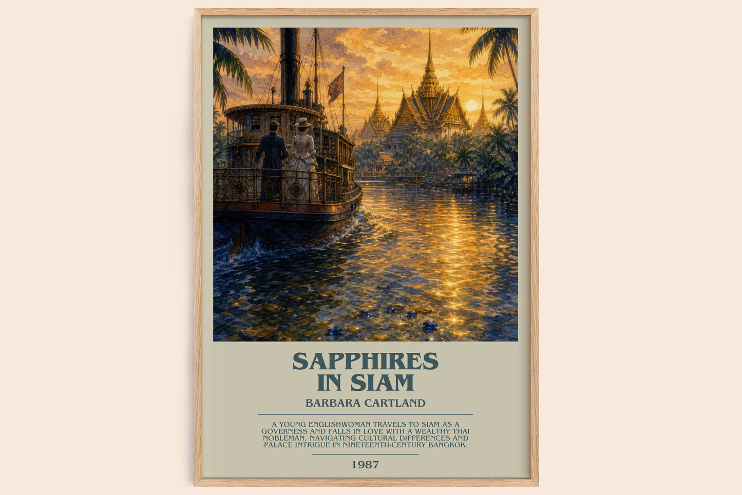 Sapphires In Siam bookish book poster by Barbara Cartland – framed literary art print