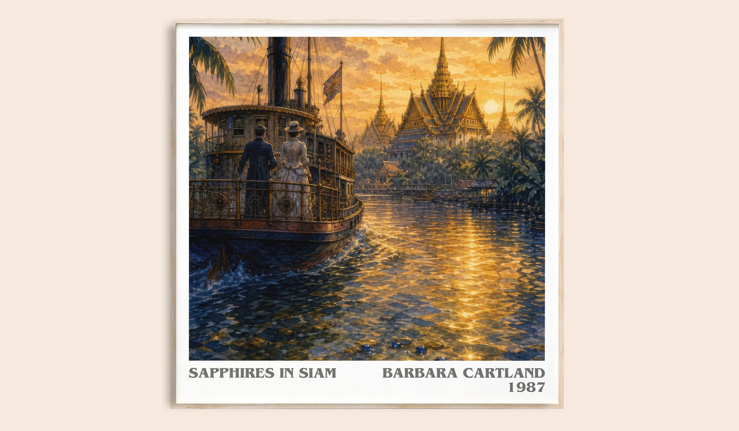 Sapphires In Siam literary book poster by Barbara Cartland – framed literary art print