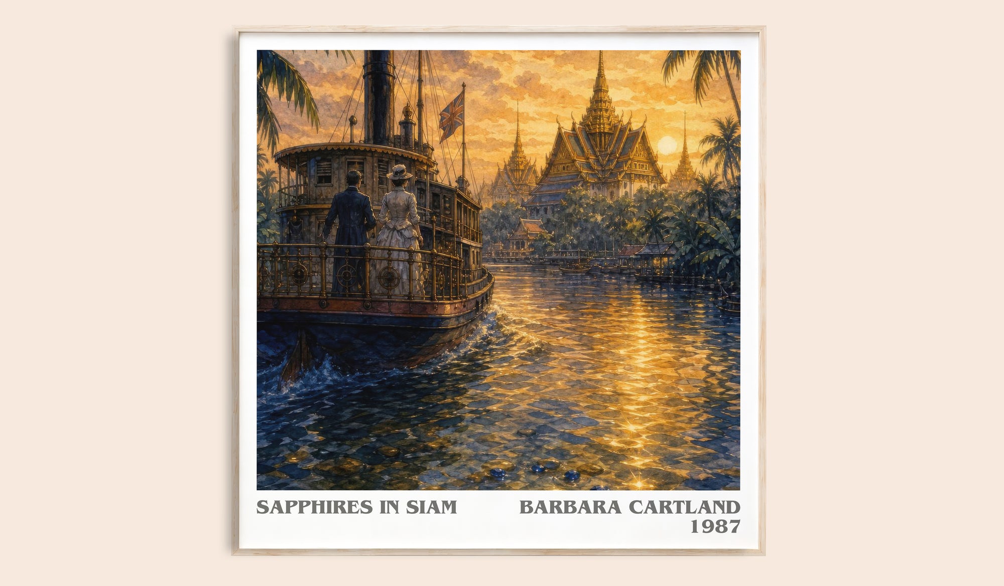 Sapphires In Siam literary book poster by Barbara Cartland – framed literary art print