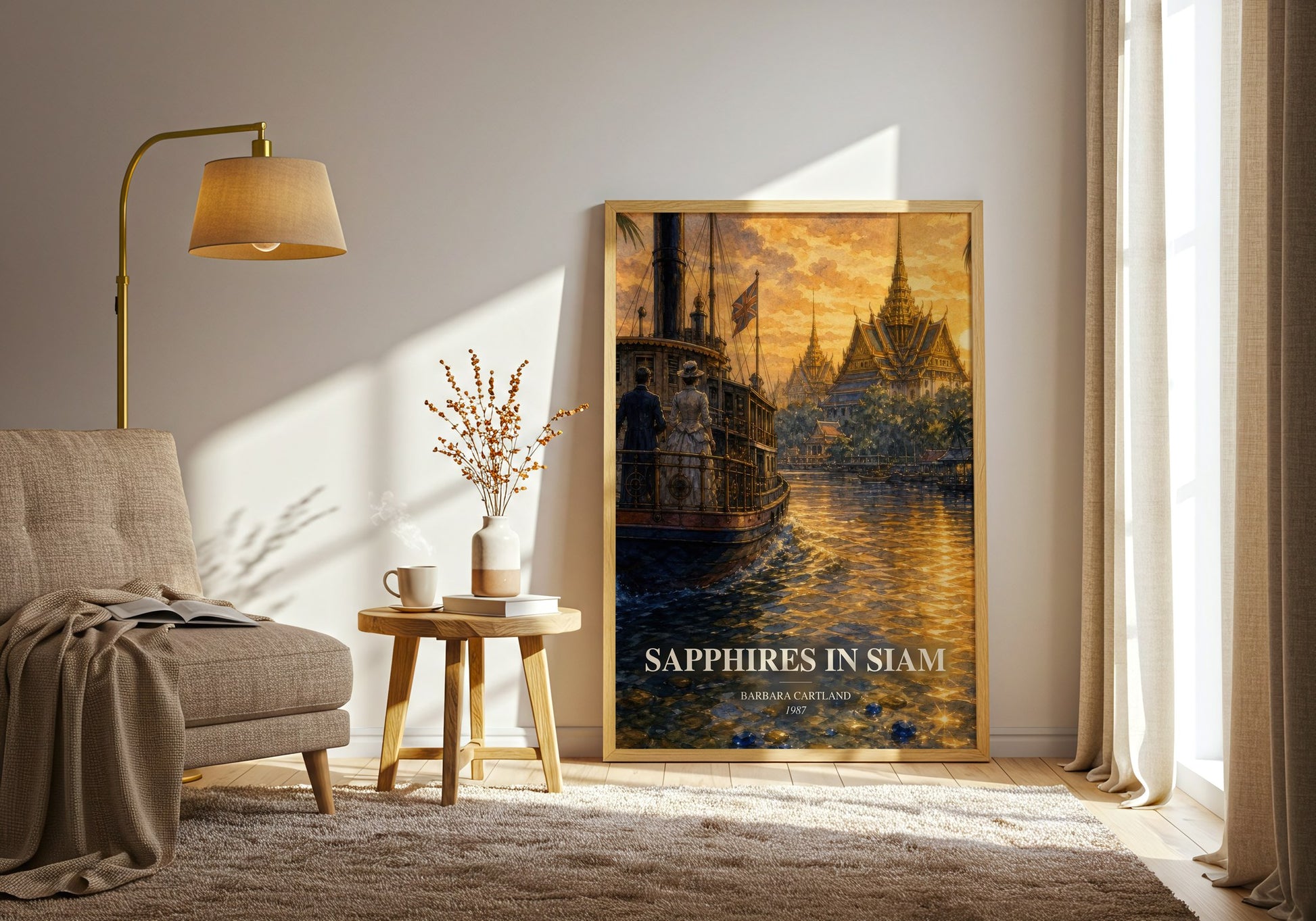 Sapphires In Siam watercolour print in frame leaning in hallway – romance wall art