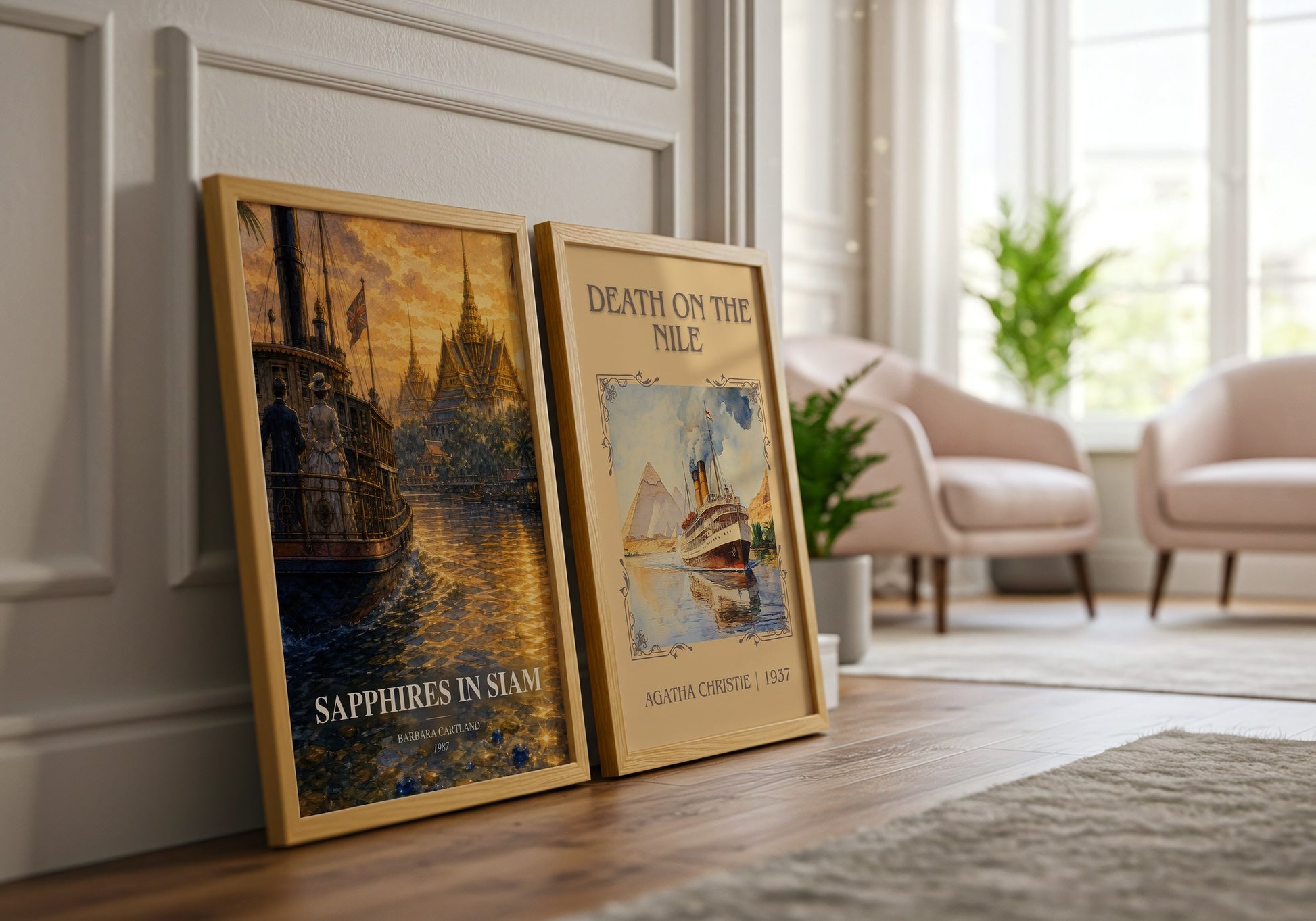 Sapphires In Siam watercolour print framed by window – literary home decor