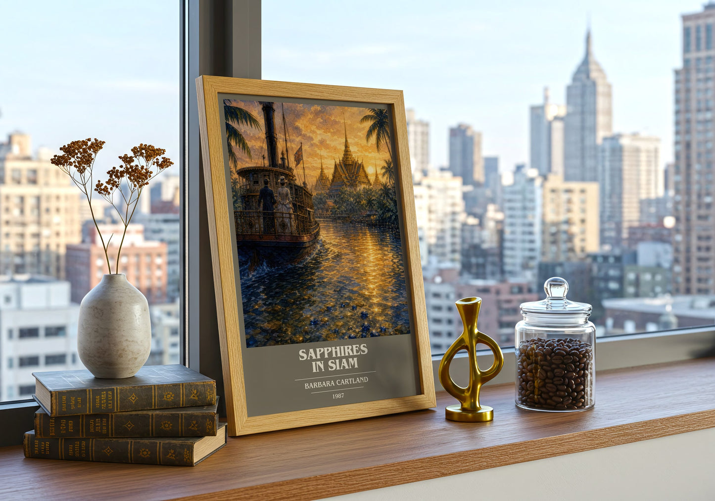 Sapphires In Siam book cover print framed by window – literary home decor