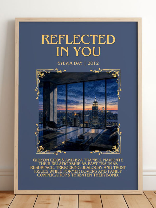 Reflected in You Minimalist Book Poster by Sylvia Day – framed print leaning on a wooden floor