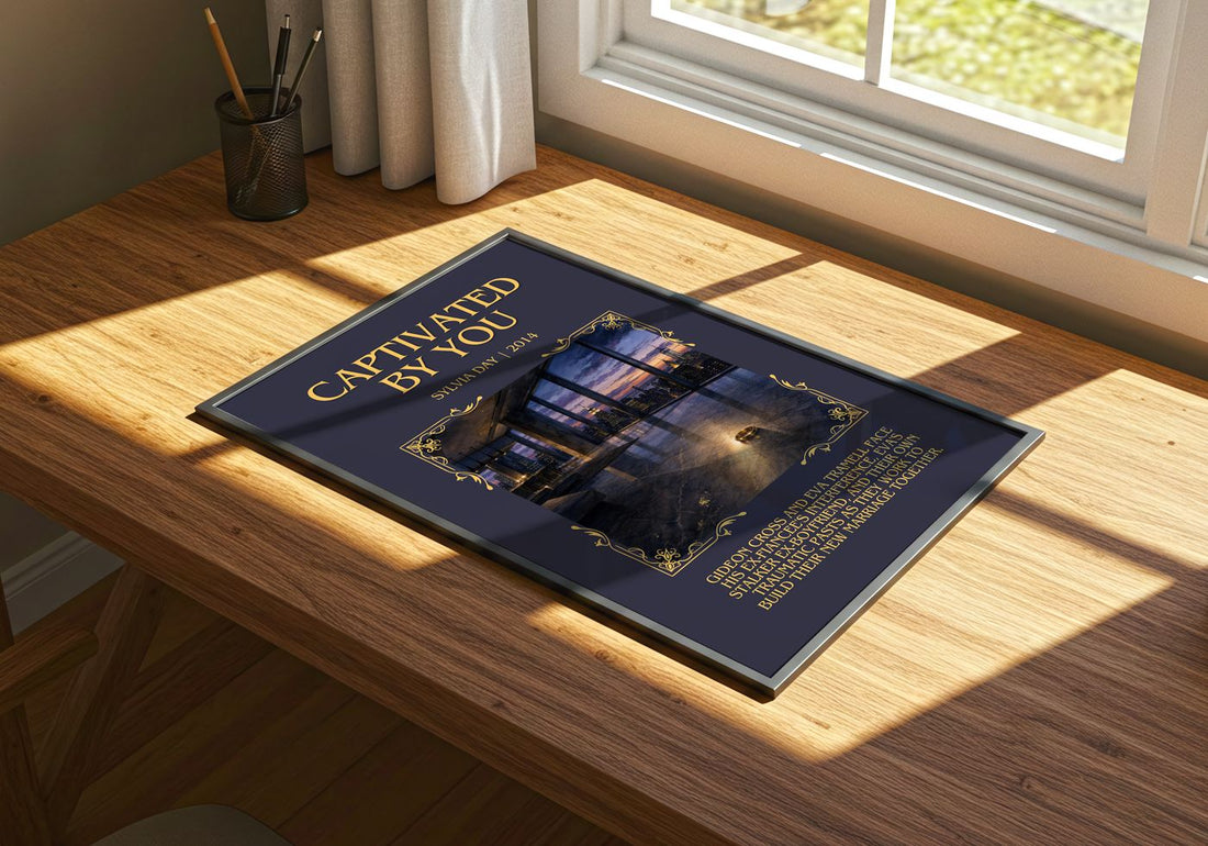 Captivated by You Minimalist Book Poster by Sylvia Day – print on a sunlit desk
