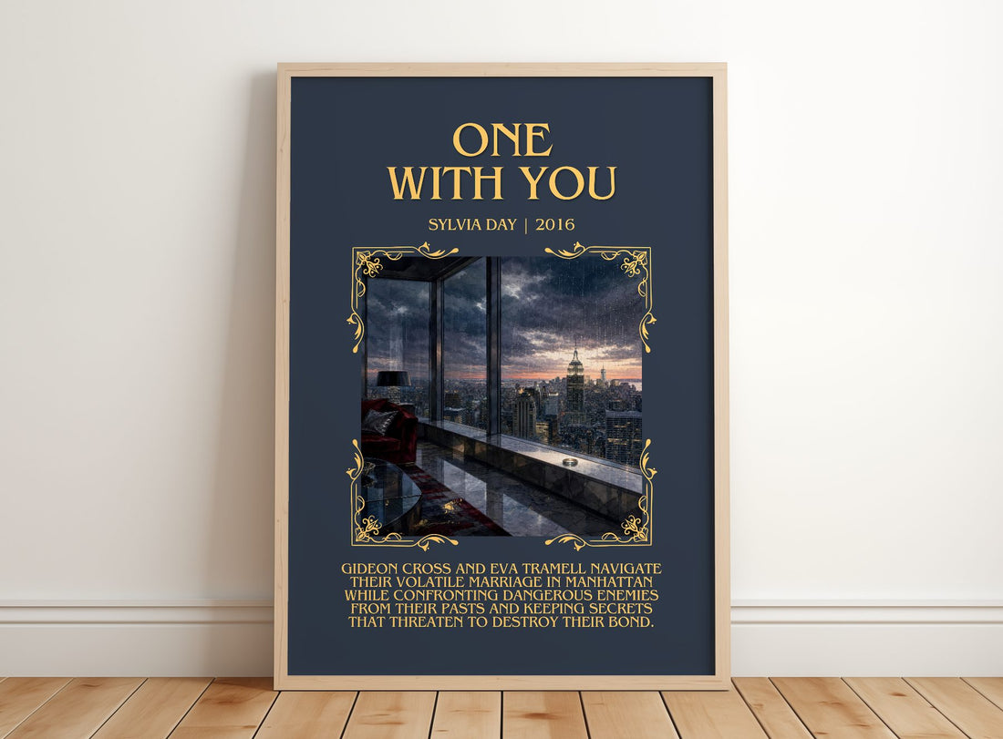 One with You Minimalist Book Poster by Sylvia Day – framed print leaning on a wooden floor