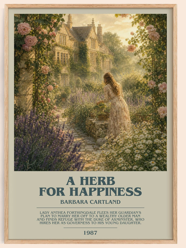 A Herb For Happiness bookish book poster by Barbara Cartland – framed literary art print