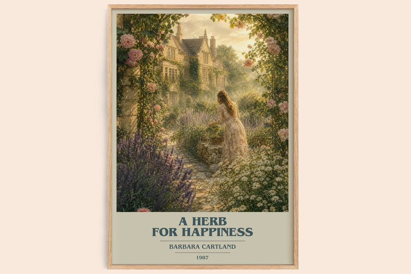 A Herb For Happiness book cover book poster by Barbara Cartland – framed literary art print