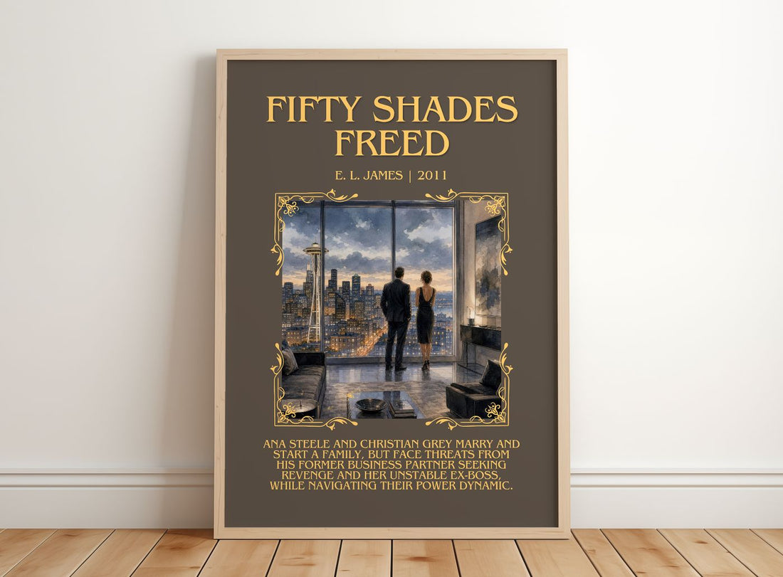 Fifty Shades Freed Minimalist Book Poster by E. L. James – framed print leaning on a wooden floor