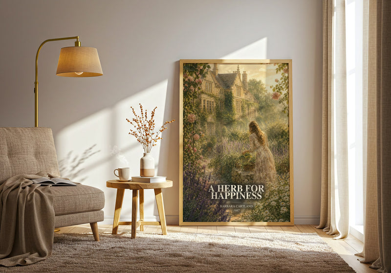 A Herb For Happiness watercolour print in frame leaning in hallway – romance wall art