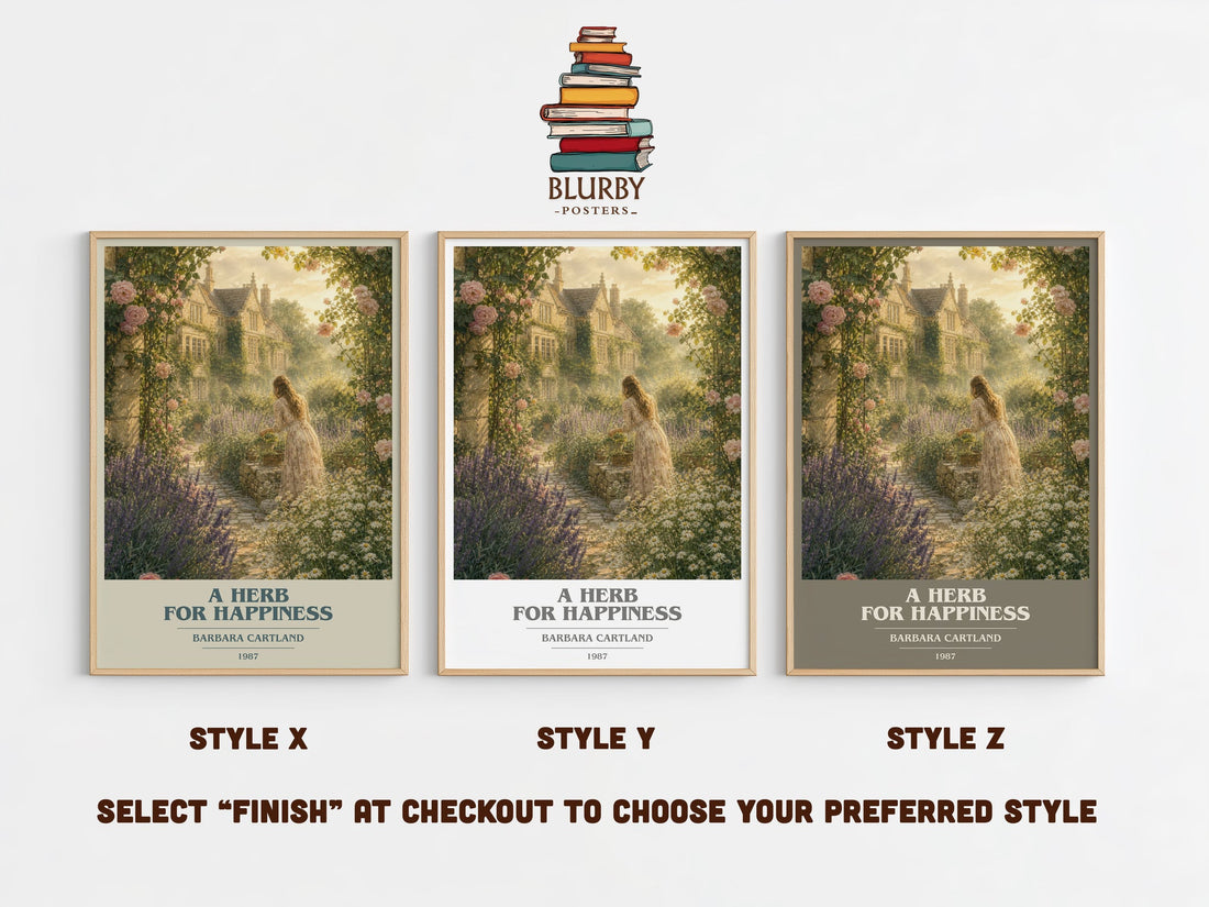 A Herb For Happiness book cover print in frame leaning in hallway – romance wall art (mockup)