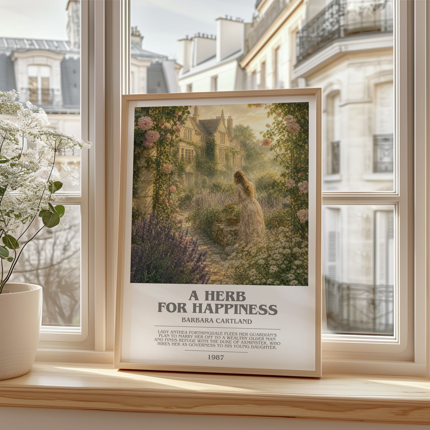 A Herb For Happiness bookish poster colour and style options – Barbara Cartland book art