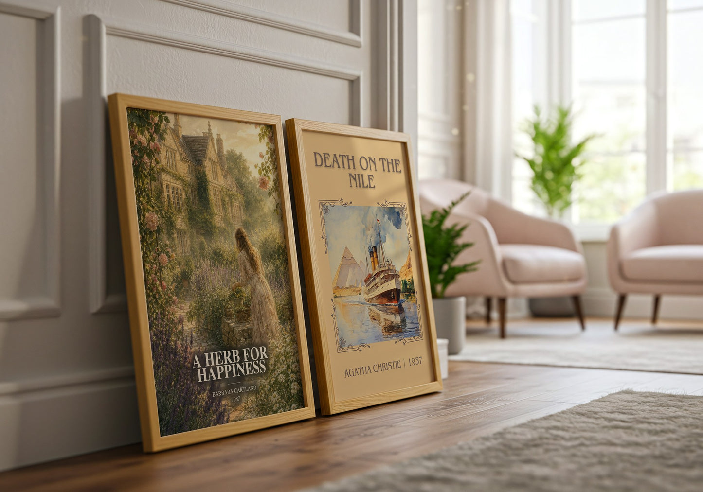 A Herb For Happiness watercolour print framed by window – literary home decor
