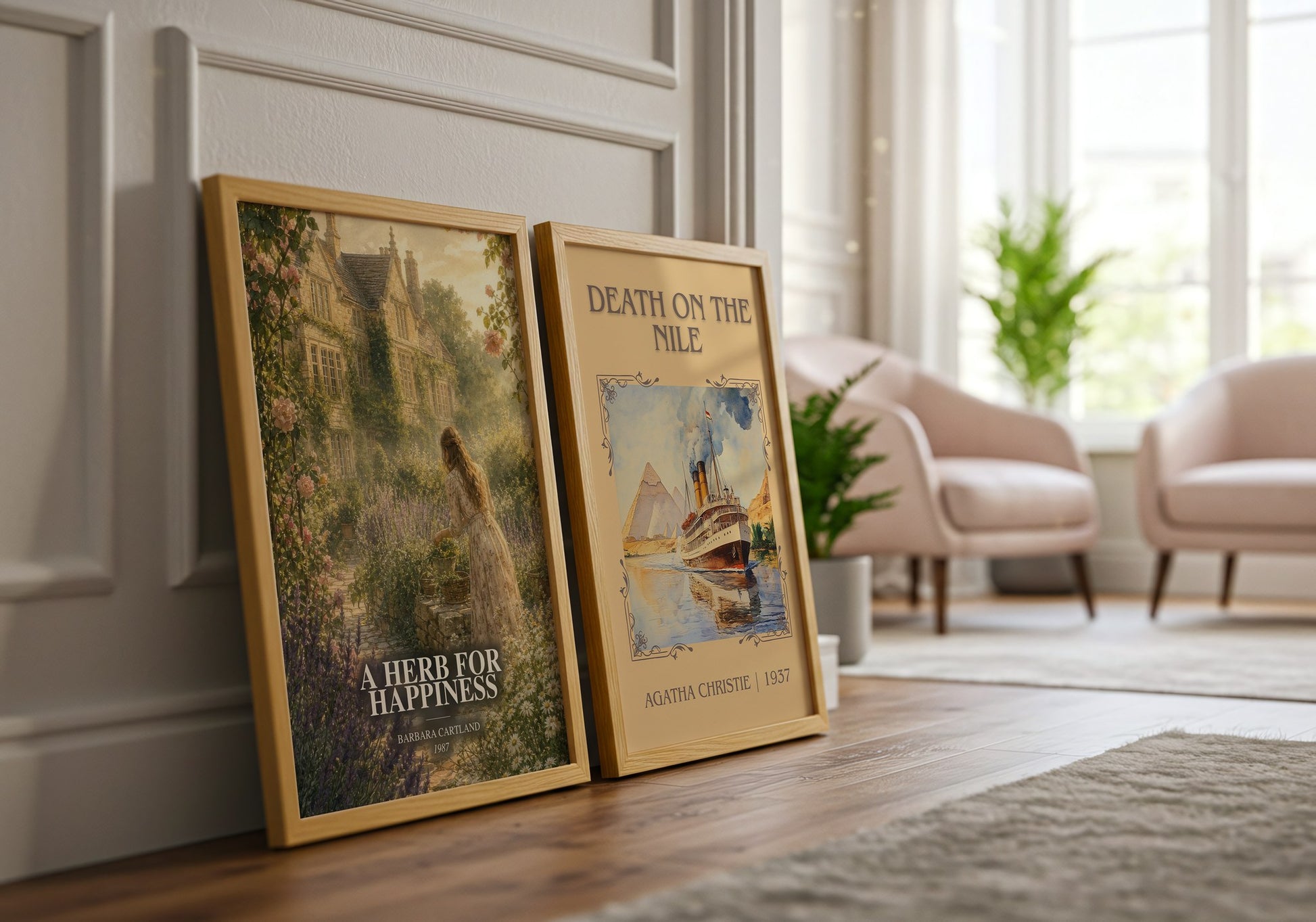 A Herb For Happiness watercolour print framed by window – literary home decor