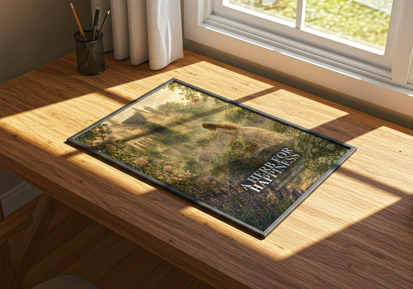 A Herb For Happiness watercolour book poster framed on wall – romance wall art
