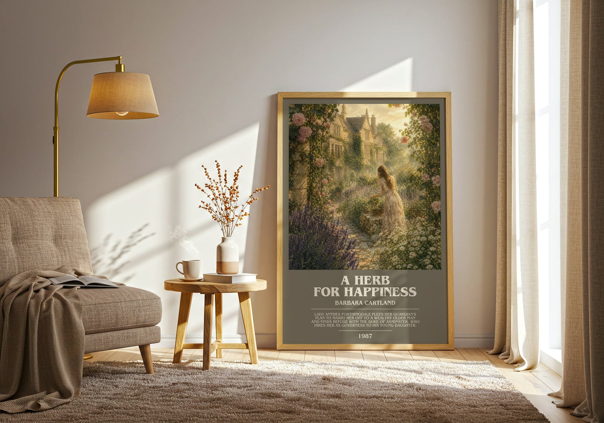 A Herb For Happiness bookish print on bookshelf – Barbara Cartland fan gift