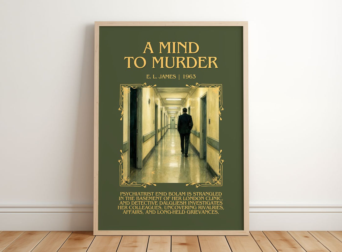 A Mind to Murder Minimalist Book Poster by E. L. James – framed print leaning on a wooden floor