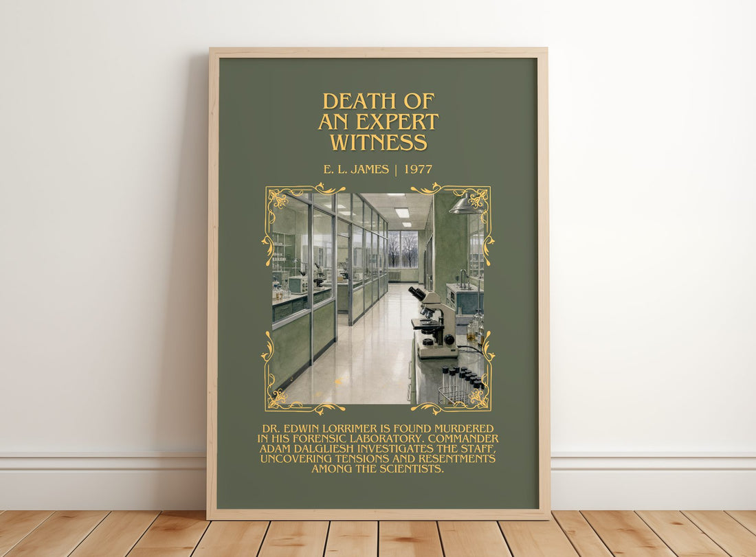 Death of an Expert Witness Minimalist Book Poster by E. L. James – framed print leaning on a wooden floor