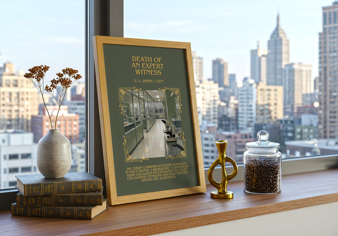 Death of an Expert Witness Minimalist Book Poster by E. L. James – framed print on a city-view windowsill