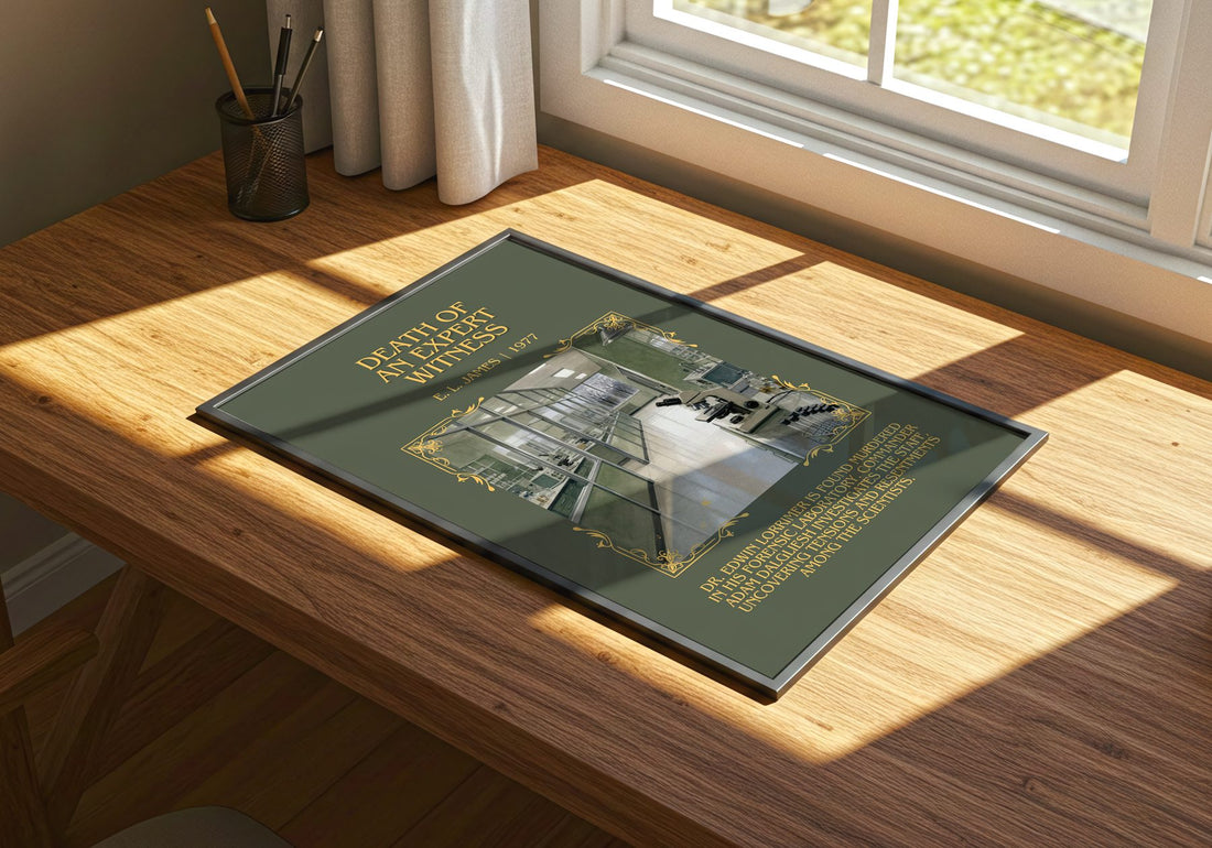 Death of an Expert Witness Minimalist Book Poster by E. L. James – print on a sunlit desk
