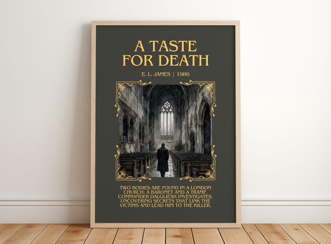 A Taste for Death Minimalist Book Poster by E. L. James – framed print leaning on a wooden floor