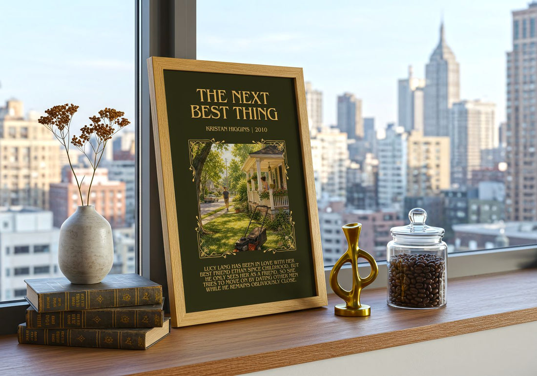 The Next Best Thing Minimalist Book Poster by Kristan Higgins – framed print on a city-view windowsill