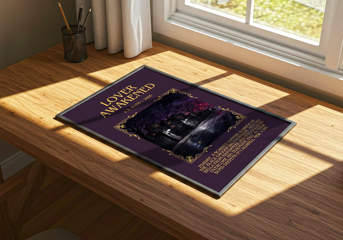 Lover Awakened Minimalist Book Poster by J. R. Ward – print on a sunlit desk