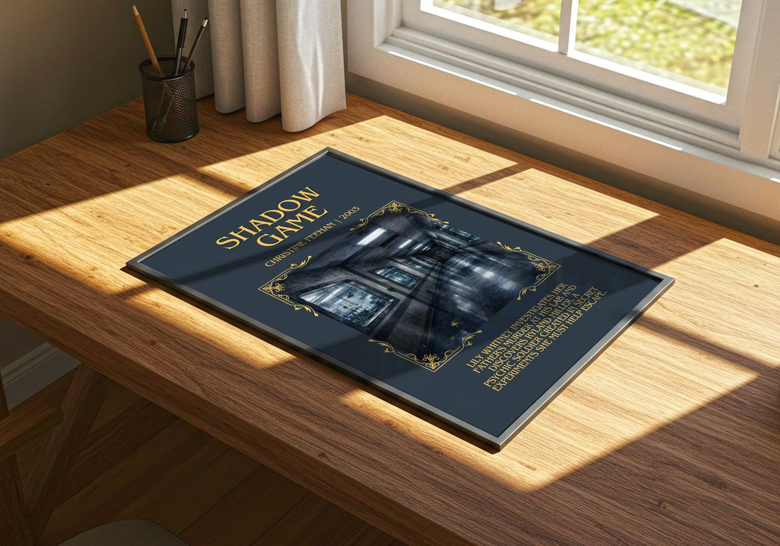 Shadow Game Minimalist Book Poster by Christine Feehan – print on a sunlit desk