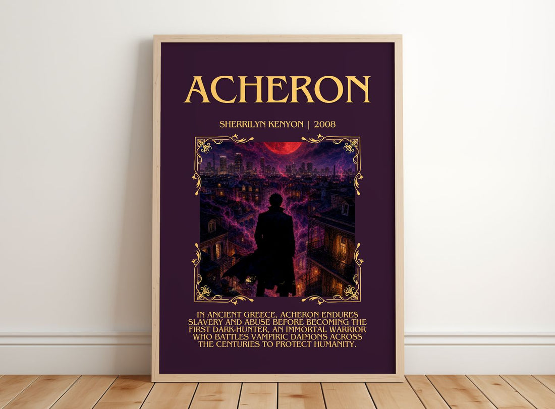 Acheron Minimalist Book Poster by Sherrilyn Kenyon – framed print leaning on a wooden floor