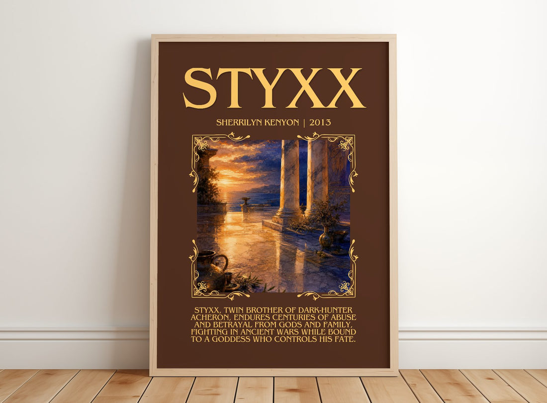 Styxx Minimalist Book Poster by Sherrilyn Kenyon – framed print leaning on a wooden floor