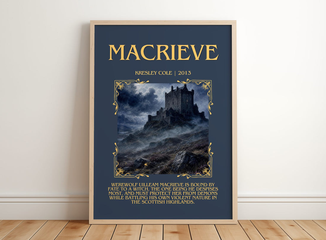 MacRieve Minimalist Book Poster by Kresley Cole – framed print leaning on a wooden floor