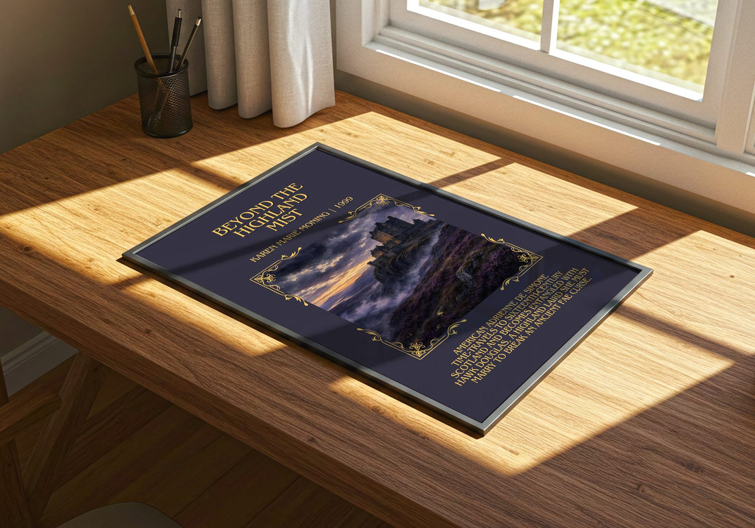 Beyond the Highland Mist Minimalist Book Poster by Karen Marie Moning – print on a sunlit desk