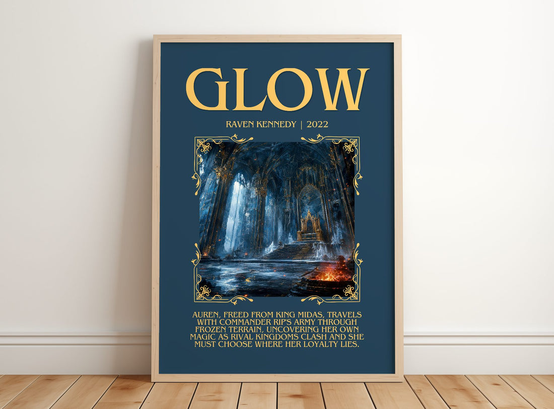 Glow Minimalist Book Poster by Raven Kennedy – framed print leaning on a wooden floor