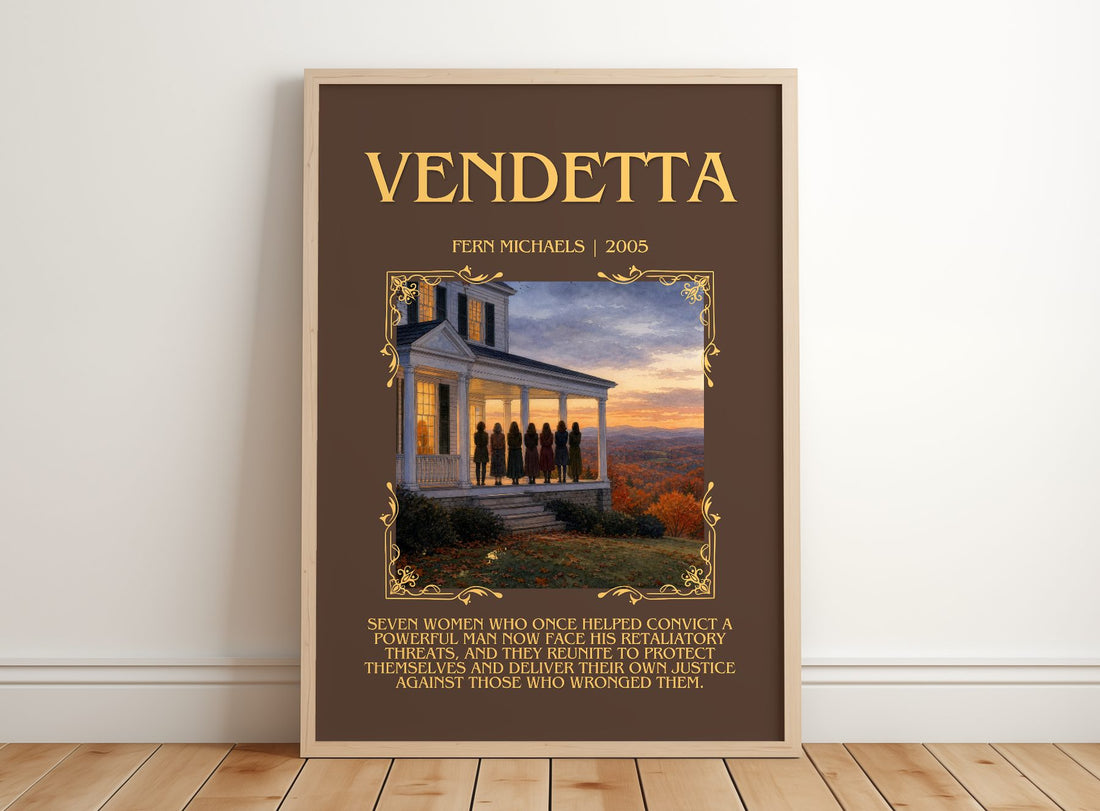 Vendetta Minimalist Book Poster by Fern Michaels – framed print leaning on a wooden floor