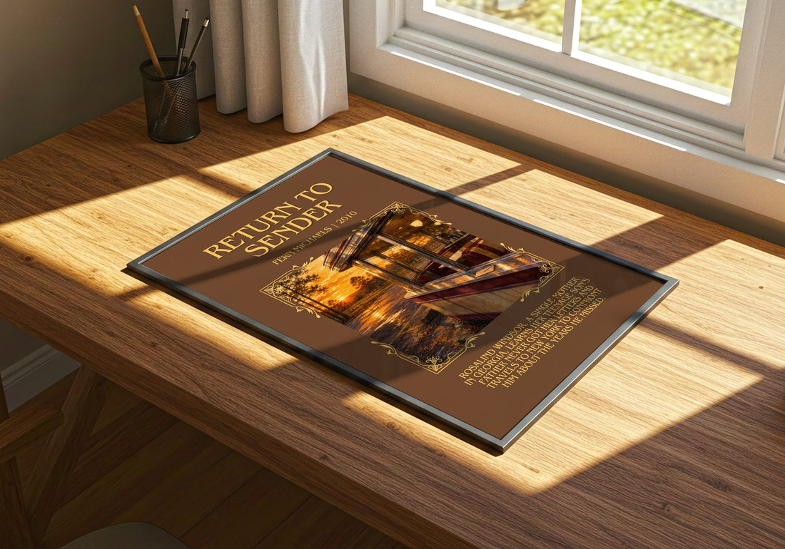 Return to Sender Minimalist Book Poster by Fern Michaels – print on a sunlit desk