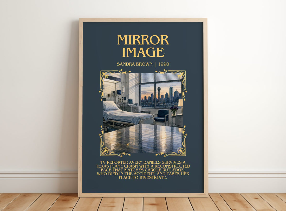 Mirror Image Minimalist Book Poster by Sandra Brown – framed print leaning on a wooden floor