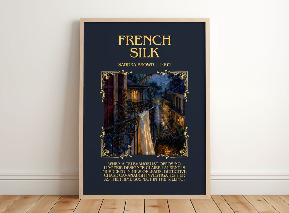French Silk Minimalist Book Poster by Sandra Brown – framed print leaning on a wooden floor