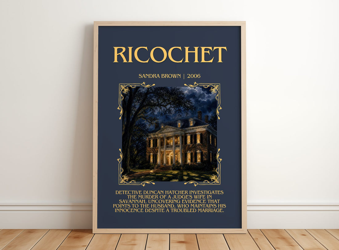 Ricochet Minimalist Book Poster by Sandra Brown – framed print leaning on a wooden floor