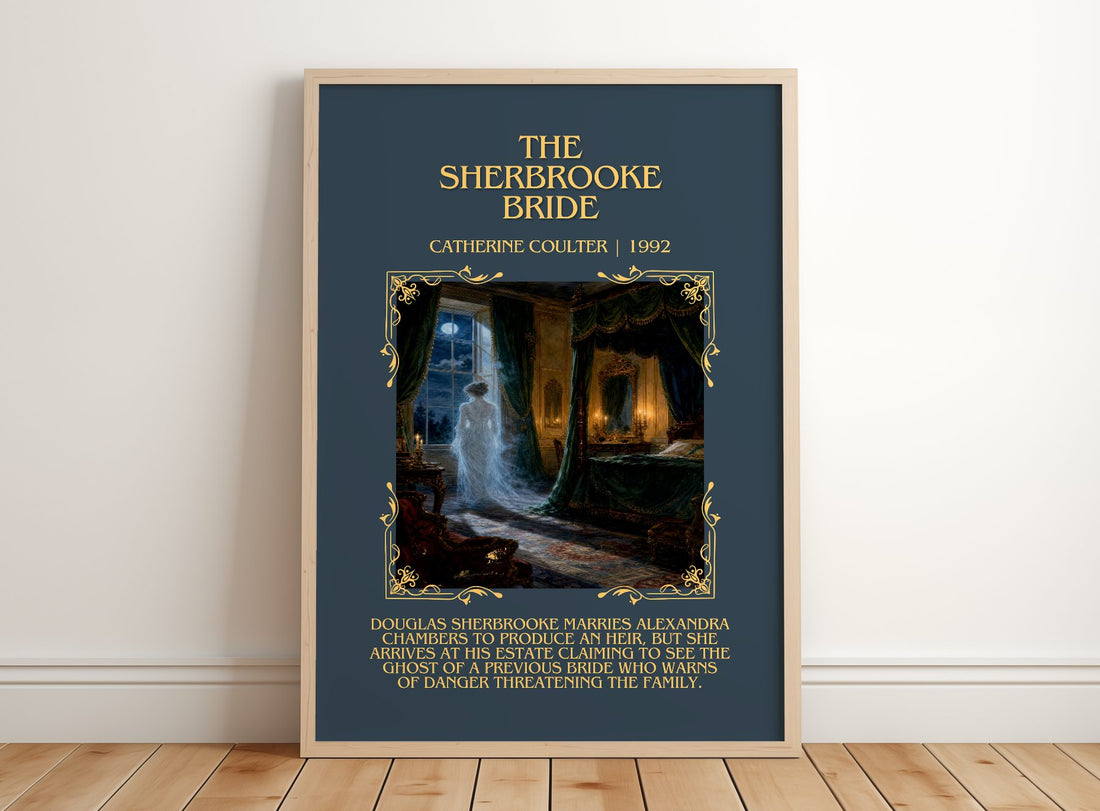 The Sherbrooke Bride Minimalist Book Poster by Catherine Coulter – framed print leaning on a wooden floor