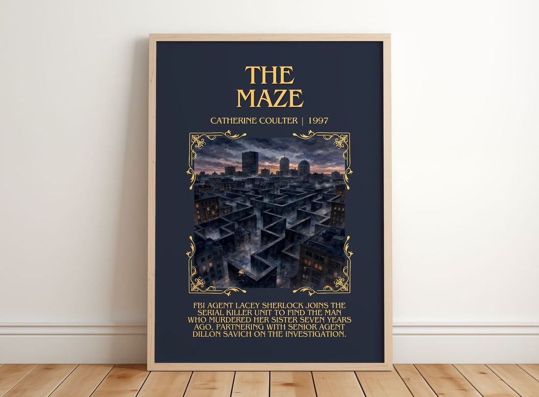 The Maze Minimalist Book Poster by Catherine Coulter – framed print leaning on a wooden floor