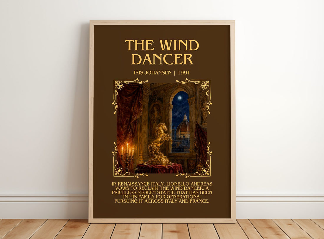 The Wind Dancer Minimalist Book Poster by Iris Johansen – framed print leaning on a wooden floor