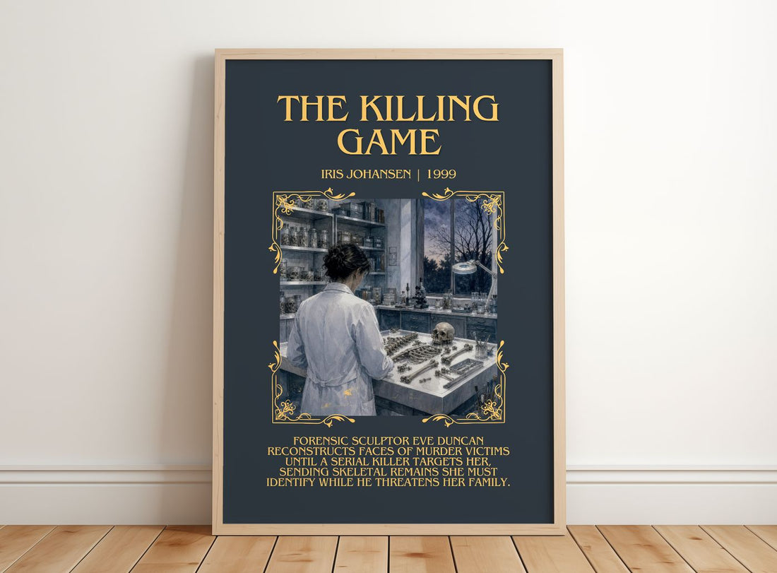The Killing Game Minimalist Book Poster by Iris Johansen – framed print leaning on a wooden floor