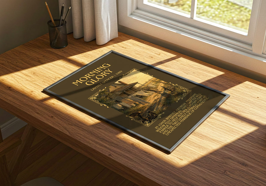 Morning Glory Minimalist Book Poster by LaVyrle Spencer – print on a sunlit desk