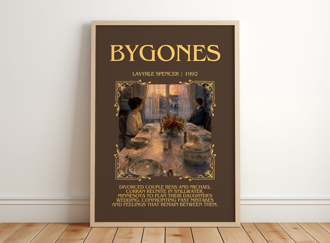 Bygones Minimalist Book Poster by LaVyrle Spencer – framed print leaning on a wooden floor