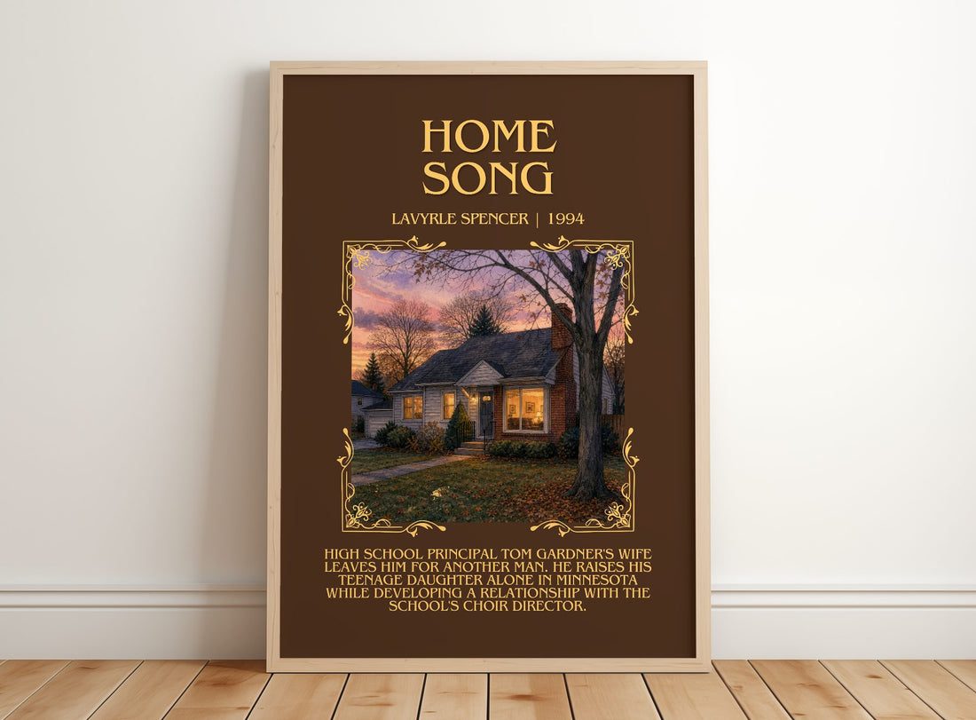 Home Song Minimalist Book Poster by LaVyrle Spencer – framed print leaning on a wooden floor