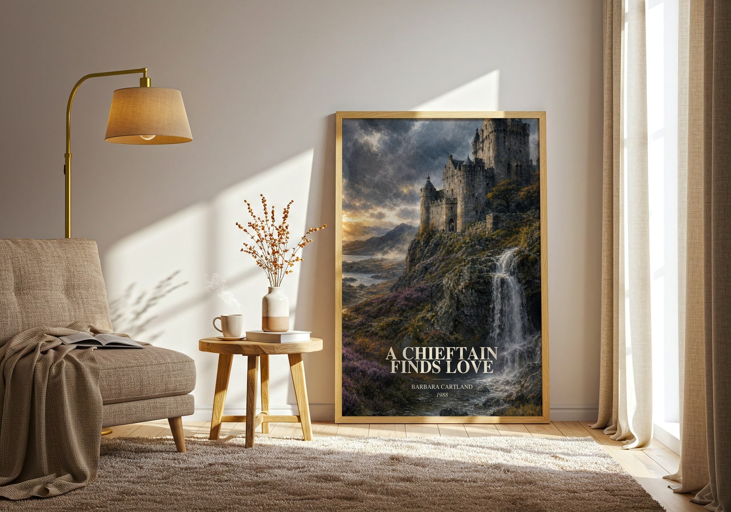 A Chieftain Finds Love watercolour print in frame leaning in hallway – romance wall art