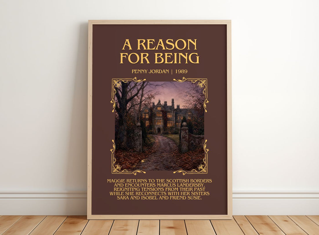 A Reason for Being Minimalist Book Poster by Penny Jordan – framed print leaning on a wooden floor
