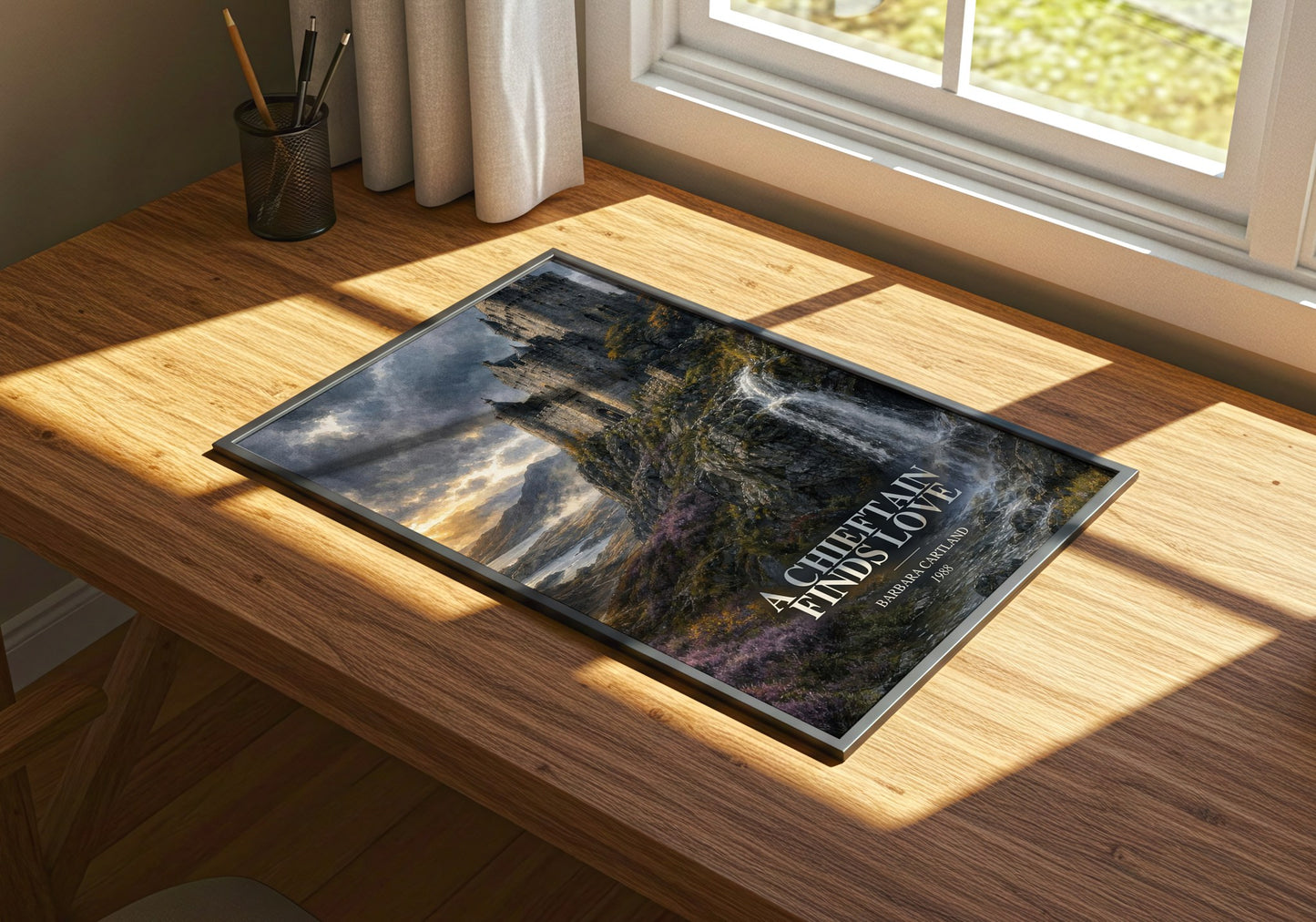 A Chieftain Finds Love watercolour book poster framed on wall – romance wall art