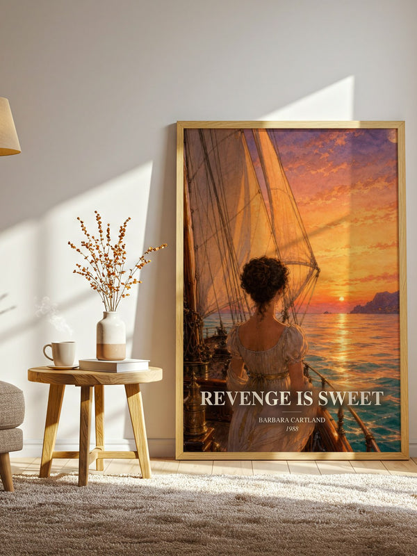 Revenge Is Sweet watercolour print in frame leaning in hallway – romance wall art