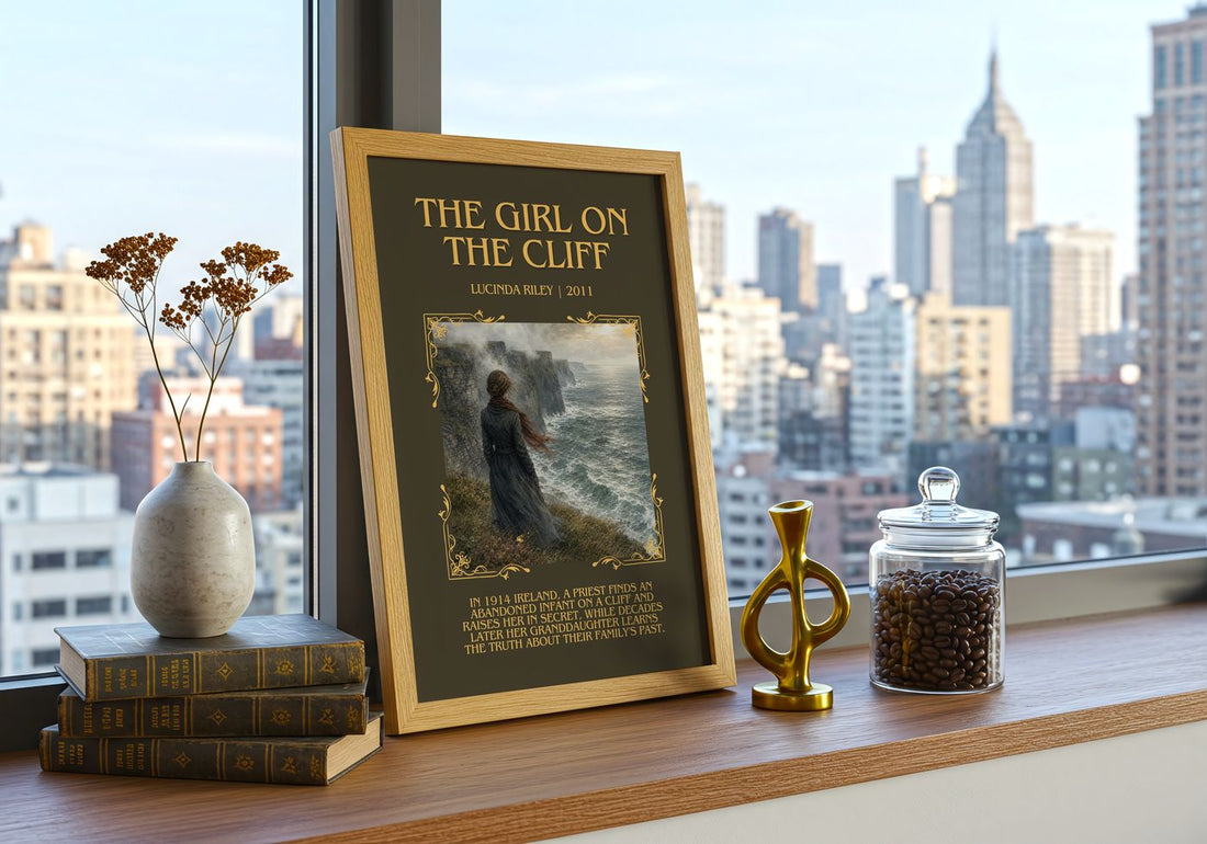 The Girl on the Cliff Minimalist Book Poster by Lucinda Riley – framed print on a city-view windowsill