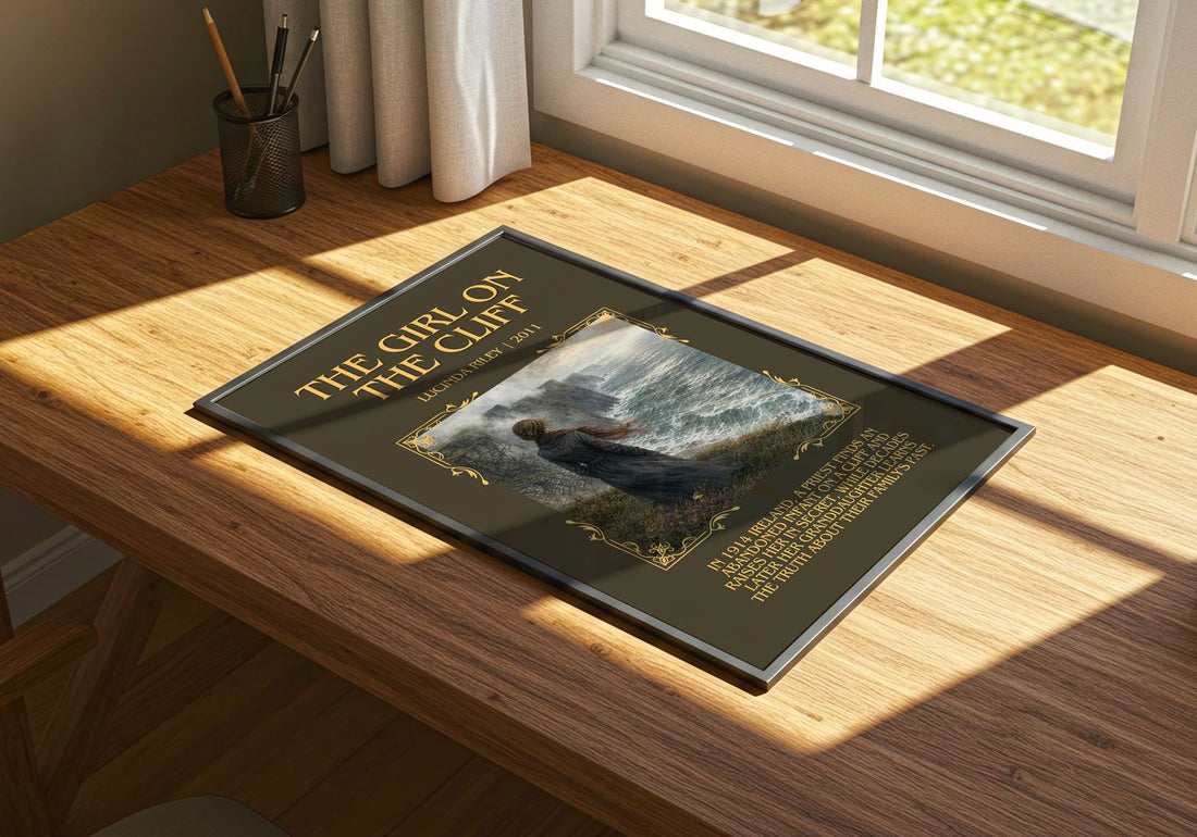 The Girl on the Cliff Minimalist Book Poster by Lucinda Riley – print on a sunlit desk